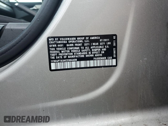 2012 Volkswagen Passat S with VIN 1VWAP7A34CC004439, listed as a Copart auction lot 57139995 with 91,429 mi miles and Salvage title. Bid and sale history available at DreamBid. Image 12.