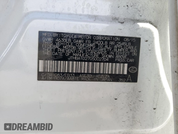 2016 Lexus IS 200t with VIN JTHBA1D27G5002704, listed as a Copart auction lot 52752465 with 84,357 mi miles and Salvage Title. Bid and sale history available at DreamBid. Image 14.