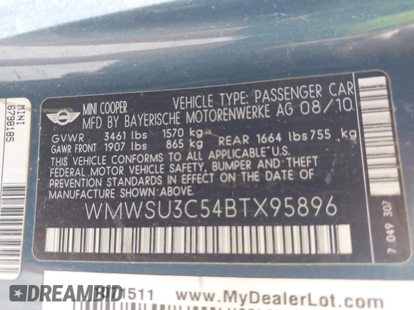 2011 MINI Hardtop with VIN WMWSU3C54BTX95896, listed as a IAAI auction lot 42467612 with 106,202 mi miles and . Bid and sale history available at DreamBid. Image 9.