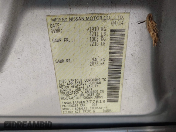 2014 Nissan Altima SV with VIN 1N4AL3AP8EN377619, listed as a IAAI auction lot 42109120 with 187,938 mi miles and . Bid and sale history available at carsss.com. Image 9.