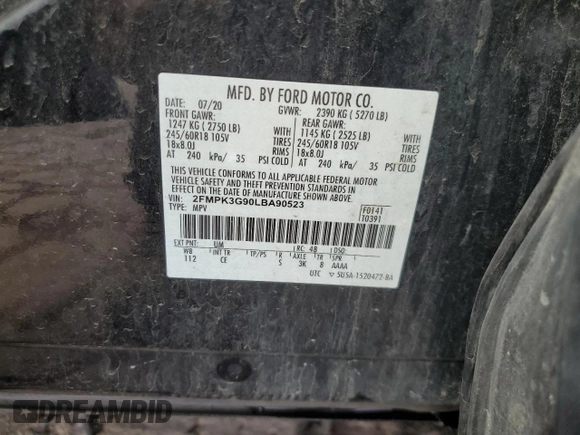 2020 Ford Edge SE z VIN 2FMPK3G90LBA90523, wystawiony jako Copart lot #56247645 z przebiegiem 83 010 mil mil oraz Nie do naprawy • Non repairable. Historia ofert i sprzedaży dostępna na DreamBid. Obrazek 13.