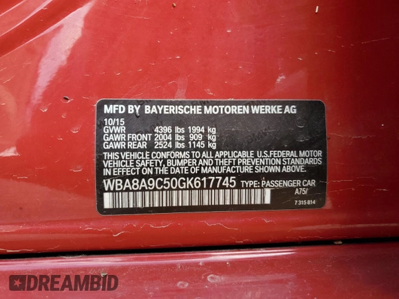 2016 BMW 3 Series 320i with VIN WBA8A9C50GK617745, listed as a Copart auction lot 46170085 with 143,729 mi miles and Salvage Title. Bid and sale history available at carsss.com. Image 12.