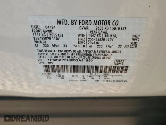 2024 Ford Explorer Limited with VIN 1FMSK7FH8RGA81550, listed as a Copart auction lot 85317804 with 3,258 mi miles and Salvage Title. Bid and sale history available at carsss.com. Image 14.
