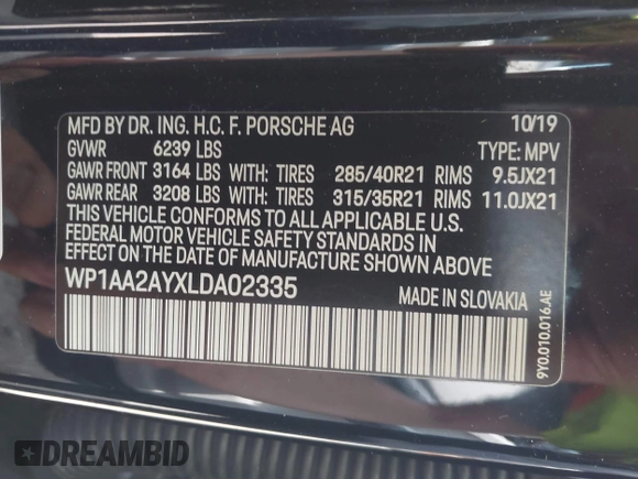 2020 Porsche Cayenne z VIN WP1AA2AYXLDA02335, wystawiony jako IAAI lot #42274256 z przebiegiem 69 113 mil mil oraz . Historia ofert i sprzedaży dostępna na DreamBid. Obrazek 9.