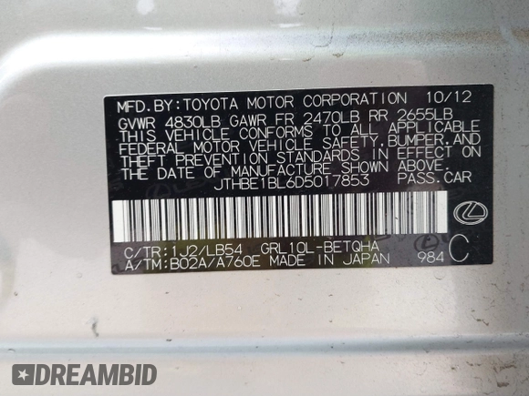 2013 Lexus GS 350 with VIN JTHBE1BL6D5017853, listed as a IAAI auction lot 41259820 with 193,433 mi miles and . Bid and sale history available at DreamBid. Image 9.