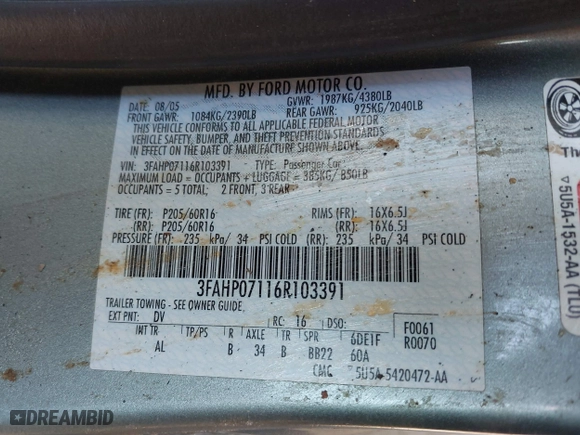 2006 Ford Fusion SE with VIN 3FAHP07116R103391, listed as a IAAI auction lot 41700991 with 115,025 mi miles. Bid and sale history available at carsss.com. Image 9.