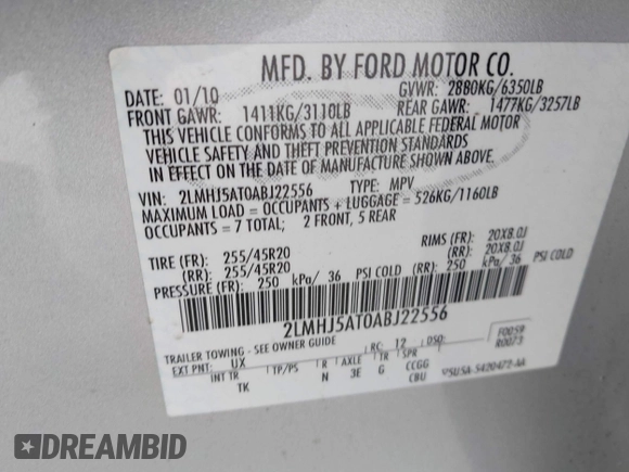 2010 Lincoln MKT EcoBoost with VIN 2LMHJ5AT0ABJ22556, listed as a IAAI auction lot 42189740 with 136,906 mi miles and . Bid and sale history available at DreamBid. Image 9.