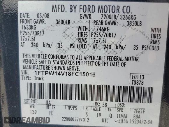 2008 Ford F-150 XLT z VIN 1FTPW14V18FC15016, wystawiony jako Copart lot #62897115 z przebiegiem 283 318 mil mil oraz Szkoda całkowita • Salvage title. Historia ofert i sprzedaży dostępna na DreamBid. Obrazek 12.