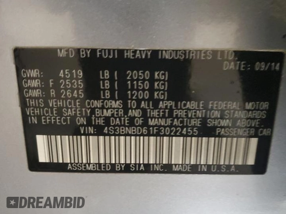 2015 Subaru Legacy 2.5i Premium with VIN 4S3BNBD61F3022455, listed as a Copart auction lot 53358585 with 102,032 mi miles and Clean Title. Bid and sale history available at carsss.com. Image 13.