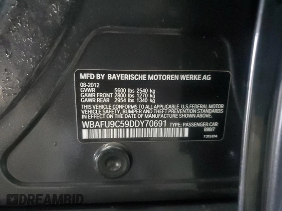 2013 BMW 5 Series 550i xDrive with VIN WBAFU9C59DDY70691, listed as a Copart auction lot 87702305 with 225,677 mi miles and Salvage Title. Bid and sale history available at carsss.com. Image 12.