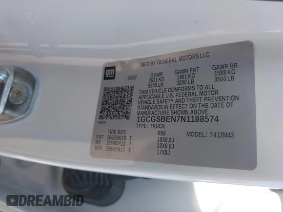 2022 Chevrolet Colorado 2WD Work Truck with VIN 1GCGSBEN7N1188574, listed as a IAAI auction lot 42695567 with 25,041 mi miles and . Bid and sale history available at DreamBid. Image 9.
