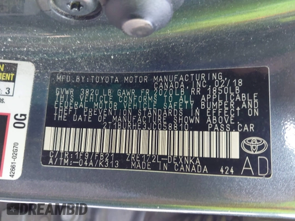 2018 Toyota Corolla L z VIN 2T1BURHE3JC058810, wystawiony jako IAAI lot #42236449 z przebiegiem 126 557 mil mil oraz . Historia ofert i sprzedaży dostępna na DreamBid. Obrazek 9.