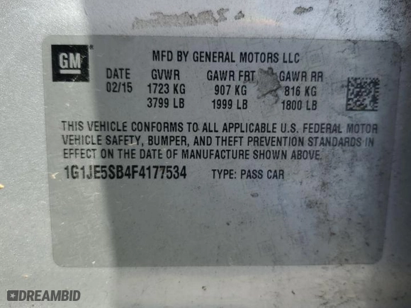 2015 Chevrolet Sonic LTZ with VIN 1G1JE5SB4F4177534, listed as a Copart auction lot 48291005 with 101,683 mi miles and Salvage Title. Bid and sale history available at carsss.com. Image 12.