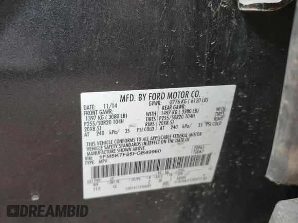 2015 Ford Explorer Limited with VIN 1FM5K7F85FGB49960, listed as a Copart auction lot 48563715 with 148,157 mi miles and Salvage Title. Bid and sale history available at carsss.com. Image 14.