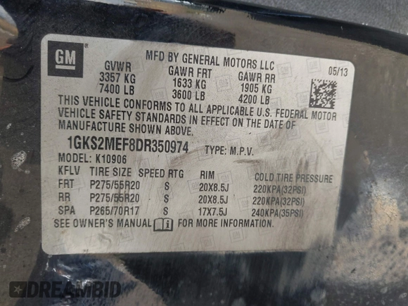 2013 GMC Yukon XL Denali with VIN 1GKS2MEF8DR350974, listed as a IAAI auction lot 42157560 with 285,848 mi miles and . Bid and sale history available at DreamBid. Image 9.