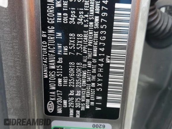 2018 Kia Sorento EX z VIN 5XYPH4A14JG357974, wystawiony jako Copart lot #54456085 z przebiegiem 98 957 mil mil oraz Szkoda całkowita • Salvage title. Historia ofert i sprzedaży dostępna na DreamBid. Obrazek 13.