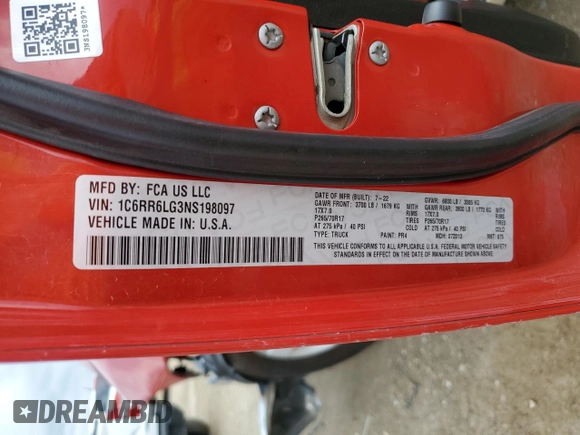 2022 Ram 1500 SLT z VIN 1C6RR6LG3NS198097, wystawiony jako Copart lot #55518005 z przebiegiem 59 581 mil mil oraz Szkoda całkowita • Salvage title. Historia ofert i sprzedaży dostępna na DreamBid. Obrazek 13.