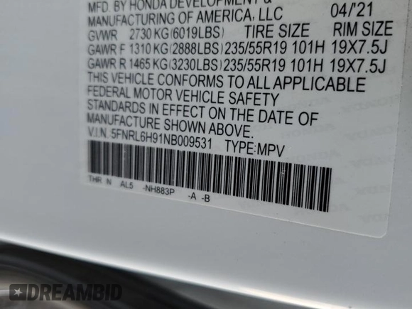 2022 Honda Odyssey Elite z VIN 5FNRL6H91NB009531, wystawiony jako Copart lot #54019135 z przebiegiem 77 822 mil mil oraz Szkoda całkowita • Salvage title. Historia ofert i sprzedaży dostępna na DreamBid. Obrazek 13.