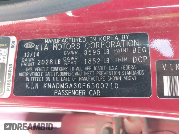 2015 Kia Rio LX with VIN KNADM5A30F6500710, listed as a IAAI auction lot 42049467 with 138,271 mi miles. Bid and sale history available at carsss.com. Image 9.