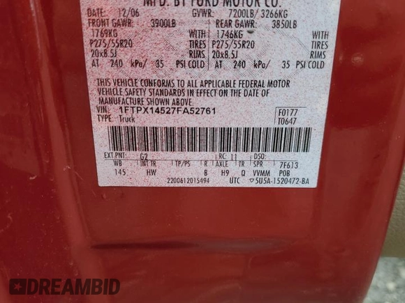 2007 Ford F-150 XLT с VIN 1FTPX14527FA52761, выставлен на аукционе Copart как лот 66578825 с пробегом 133 052 миль миль и Чистый • Clean title. История ставок и продаж доступна на DreamBid. Изображение 12.