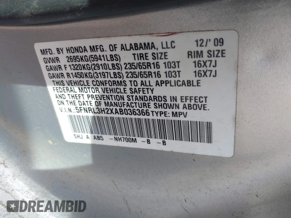 2010 Honda Odyssey LX with VIN 5FNRL3H2XAB036366, listed as a IAAI auction lot 42098772 with 72,339 mi miles and . Bid and sale history available at DreamBid. Image 9.