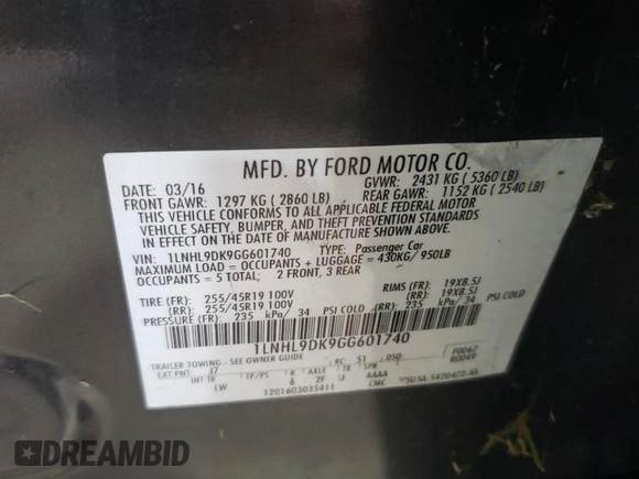2016 Lincoln MKS z VIN 1LNHL9DK9GG601740, wystawiony jako Copart lot #60557565 z przebiegiem 89 350 mil mil oraz Szkoda całkowita • Salvage title. Historia ofert i sprzedaży dostępna na DreamBid. Obrazek 12.