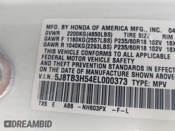 2014 Acura RDX Technology with VIN 5J8TB3H54EL000373, listed as a IAAI auction lot 41714923 with 184,020 mi miles and . Bid and sale history available at DreamBid. Image 9.