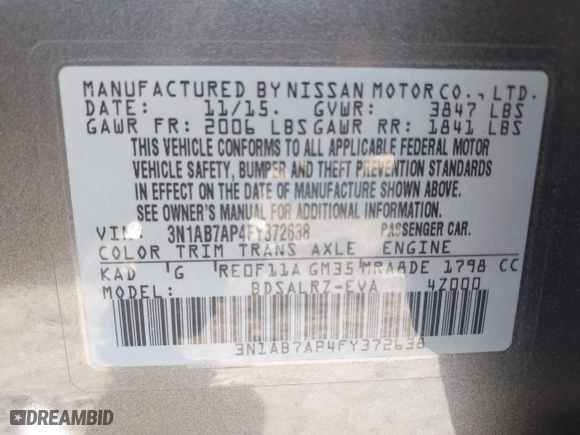 2015 Nissan Sentra S with VIN 3N1AB7AP4FY372638, listed as a IAAI auction lot 42004029 with 152,466 mi miles. Bid and sale history available at carsss.com. Image 9.