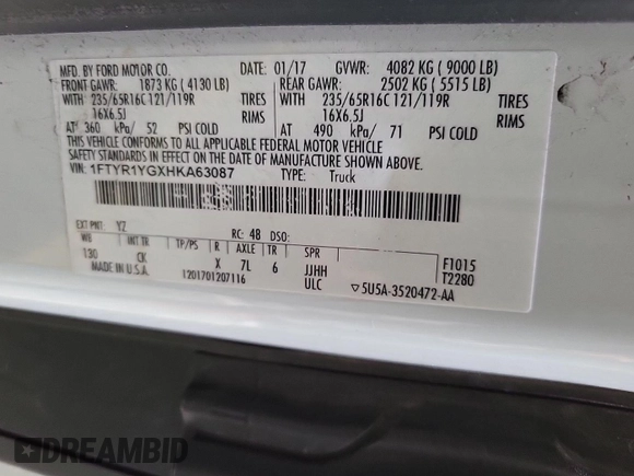 2017 Ford Transit with VIN 1FTYR1YGXHKA63087, listed as a IAAI auction lot 42141835 with 140,158 mi miles and . Bid and sale history available at carsss.com. Image 1.