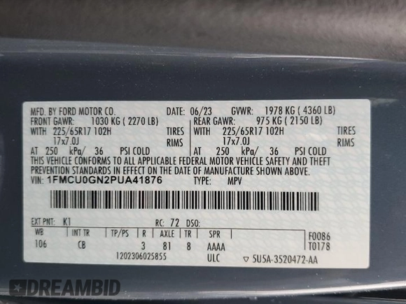 2023 Ford Escape Active with VIN 1FMCU0GN2PUA41876, listed as a Copart auction lot 50422725 with 24,808 mi miles and Salvage Title. Bid and sale history available at DreamBid. Image 15.