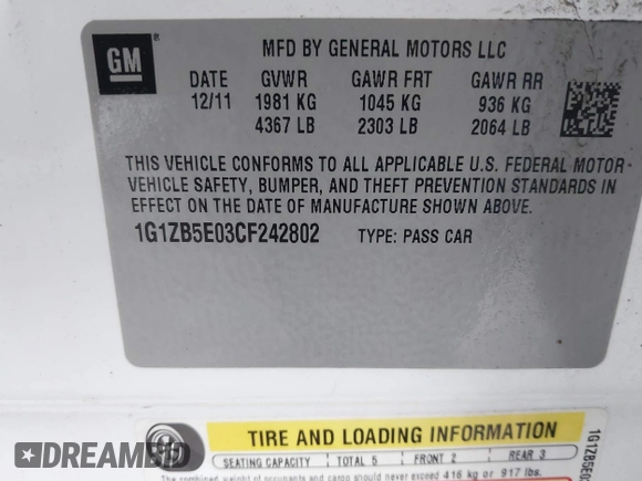 2012 Chevrolet Malibu 1LS with VIN 1G1ZB5E03CF242802, listed as a IAAI auction lot 38905218 with 203,138 mi miles and . Bid and sale history available at DreamBid. Image 9.