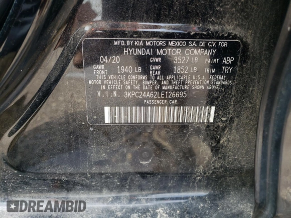2020 Hyundai Accent SE with VIN 3KPC24A62LE126695, listed as a Copart auction lot 49111513 with 44,188 mi miles. Bid and sale history available at carsss.com. Image 14.