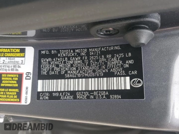 2021 Lexus ES 350 F Sport with VIN 58AGZ1B17MU097619, listed as a Copart auction lot 53339995 with 24,989 mi miles and Salvage title. Bid and sale history available at DreamBid. Image 12.
