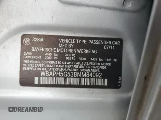 2011 BMW 3 Series 328i with VIN WBAPH5G53BNM84092, listed as a Copart auction lot 53582455 with 153,783 mi miles and Salvage Title. Bid and sale history available at carsss.com. Image 12.
