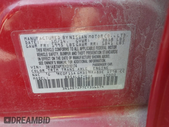 2014 Nissan Sentra SR with VIN 3N1AB7AP7EY316174, listed as a IAAI auction lot 41811865 with 131,625 mi miles and . Bid and sale history available at DreamBid. Image 9.