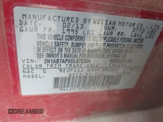 2013 Nissan Sentra SR with VIN 3N1AB7APXDL678334, listed as a IAAI auction lot 41947750 with 178,295 mi miles and . Bid and sale history available at DreamBid. Image 9.