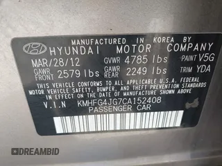 2012 Hyundai Azera with VIN KMHFG4JG7CA152408, listed as a IAAI auction lot 41968451 with 146,089 mi miles and . Bid and sale history available at DreamBid. Image 9.