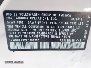 2014 Volkswagen Passat SE с VIN 1VWBN7A3XEC087730, выставлен на аукционе IAAI как лот 42374482 с пробегом 199 449 миль миль и . История ставок и продаж доступна на DreamBid. Изображение 9.