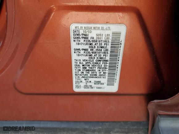 2004 Nissan Murano SL with VIN JN8AZ08WX4W305192, listed as a Copart auction lot 88289615 with 0 mi miles and Salvage Title. Bid and sale history available at carsss.com. Image 14.