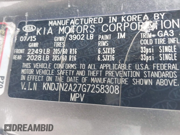 2016 Kia Soul with VIN KNDJN2A27G7258308, listed as a IAAI auction lot 42101913 with 151,599 mi miles and . Bid and sale history available at DreamBid. Image 9.