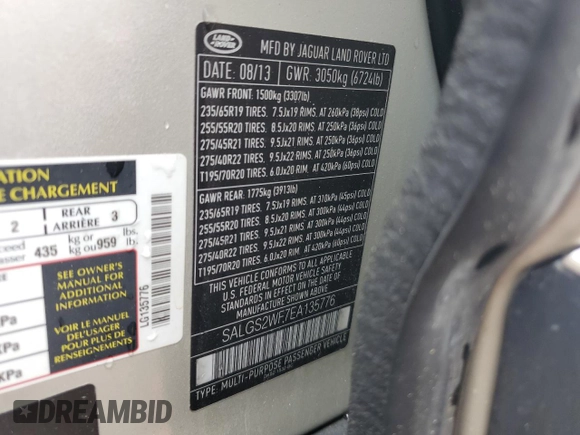 2014 Land Rover Range Rover HSE with VIN SALGS2WF7EA135776, listed as a Copart auction lot 61751015 with 87,108 mi miles and Clean title. Bid and sale history available at DreamBid. Image 14.