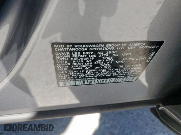 2023 Volkswagen Atlas SE with VIN 1V2DP2CA9PC505409, listed as a Copart auction lot 52581305 with 15,938 mi miles and Salvage title. Bid and sale history available at DreamBid. Image 13.