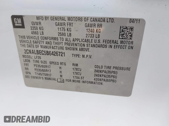 2011 Chevrolet Equinox LS with VIN 2CNALBEC5B6426721, listed as a IAAI auction lot 41119847 with 153,720 mi miles and . Bid and sale history available at DreamBid. Image 9.