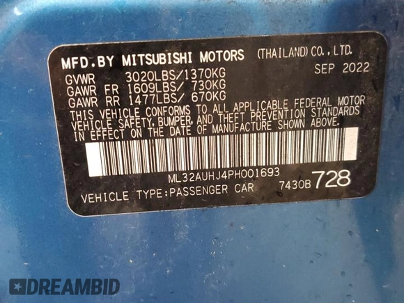 2023 Mitsubishi Mirage ES with VIN ML32AUHJ4PH001693, listed as a Copart auction lot 54313325 with 40,622 mi miles and Salvage title. Bid and sale history available at DreamBid. Image 13.