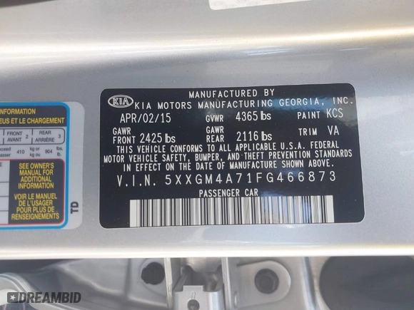 2015 Kia Optima LX with VIN 5XXGM4A71FG466873, listed as a IAAI auction lot 41851355 with 13,880 mi miles. Bid and sale history available at carsss.com. Image 9.