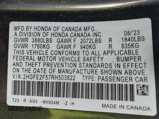 2024 Honda Civic Sedan Sport with VIN 2HGFE2F57RH503822, listed as a IAAI auction lot 41949090 with 14,062 mi miles. Bid and sale history available at carsss.com. Image 9.