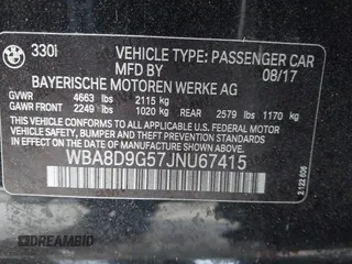 2018 BMW 3 Series 330i xDrive with VIN WBA8D9G57JNU67415, listed as a IAAI auction lot 41513343 with 98,714 mi miles. Bid and sale history available at carsss.com. Image 9.