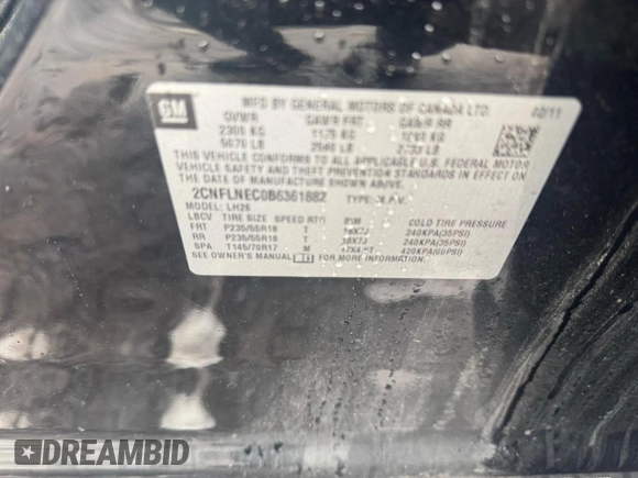 2011 Chevrolet Equinox 2LT with VIN 2CNFLNEC0B6361882, listed as a Copart auction lot 54990185 with 171,561 mi miles and Clean Title. Bid and sale history available at DreamBid. Image 10.