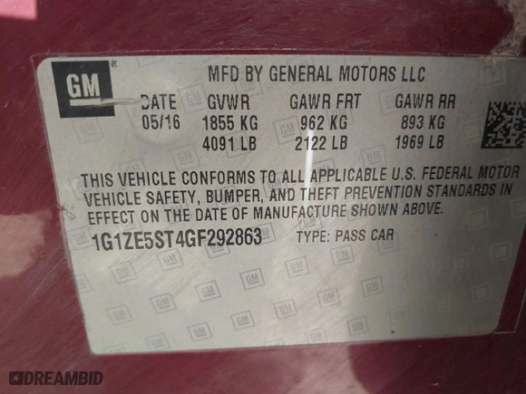 2016 Chevrolet Malibu LT with VIN 1G1ZE5ST4GF292863, listed as a IAAI auction lot 41477512 with 116,419 mi miles. Bid and sale history available at carsss.com. Image 9.