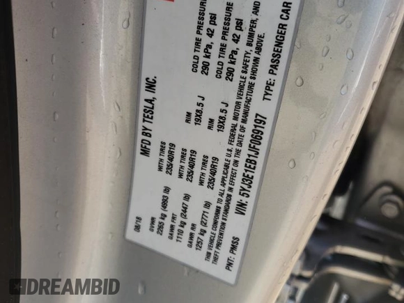 2018 Tesla Model 3 Long Range Battery with VIN 5YJ3E1EB1JF069197, listed as a Copart auction lot 48069465 with Not Provided miles and Salvage Title. Bid and sale history available at DreamBid. Image 12.